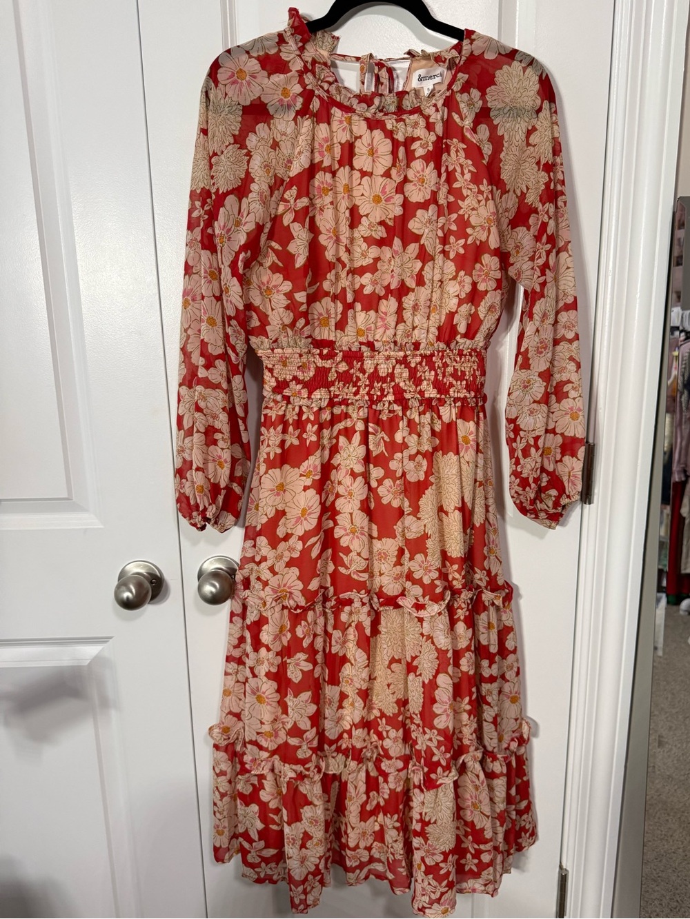 Smocked Waist Red Floral Tiered Midi Dress